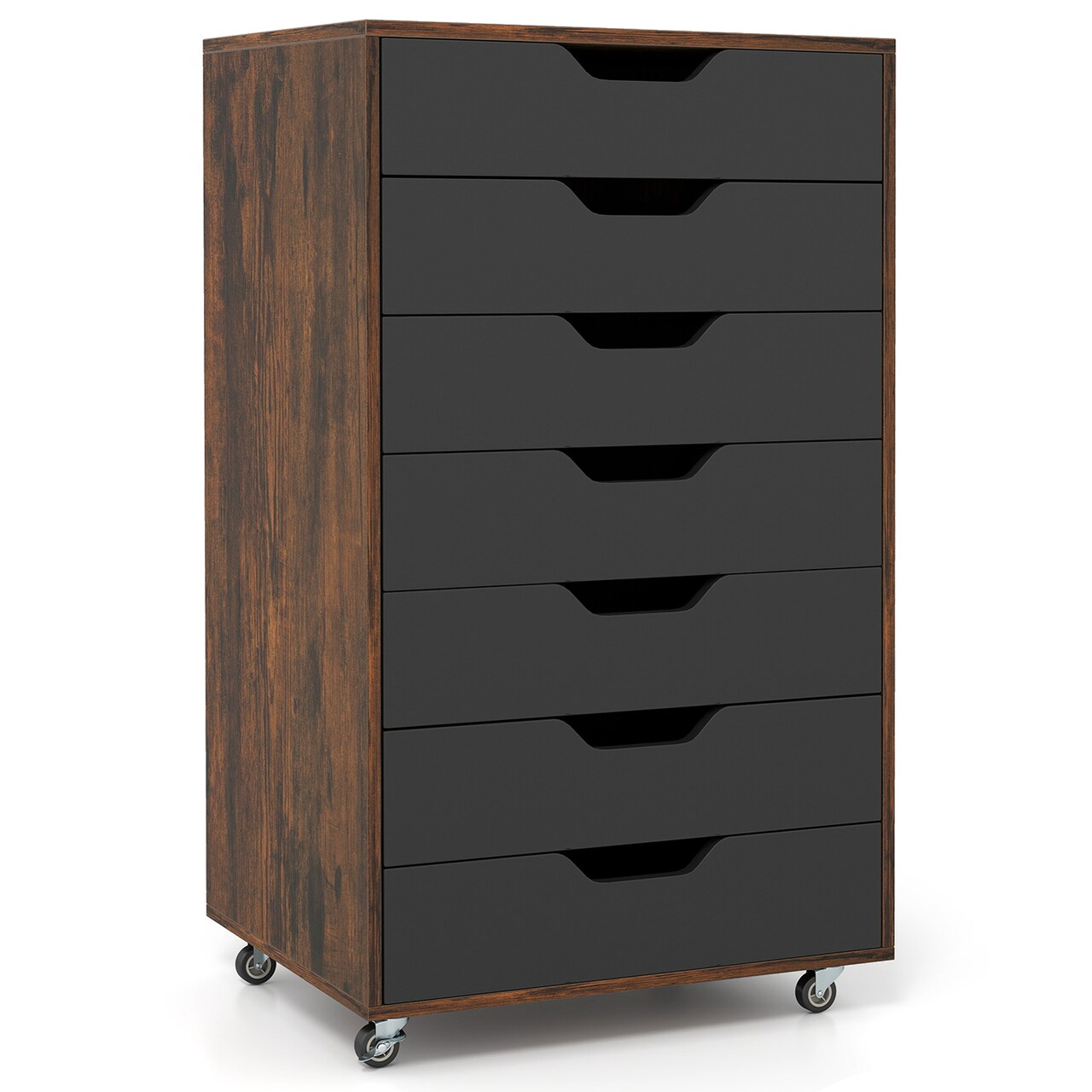 7-Drawer Tall Organizer Cabinet with Cut-Out Handles and Swivel Wheels Ideal for Bedroom and Office
